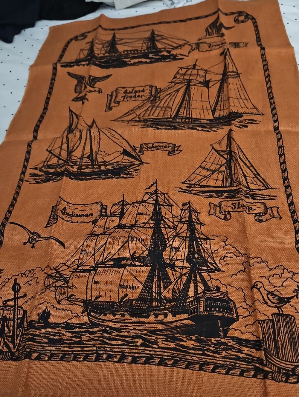 Rust War And Seafaring Ships Linen Tea Towel